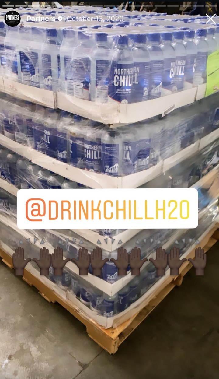 Instagram story dated October 13 2020: stacked pallets of Northern Chill bottled water in a warehouse, tagged at drinkchillh2o.