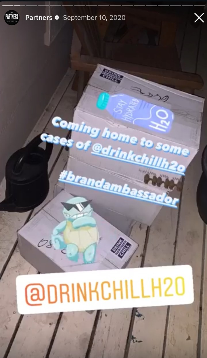 Instagram story dated September 10 2020: cases of Northern Chill water at home, captioned Coming home to some cases of at drinkchillh2o, hashtag brandambassador.